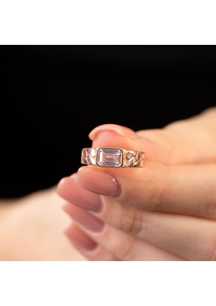 Beyaz Zirkon Taşlı Zincir Tasarım Rose Renk Free Size 925 Ayar Gümüş Kadın Tektaş Yüzük fiyatları