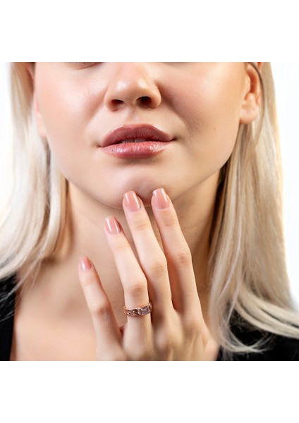 Beyaz Zirkon Taşlı Zincir Tasarım Rose Renk Free Size 925 Ayar Gümüş Kadın Tektaş Yüzük modelleri