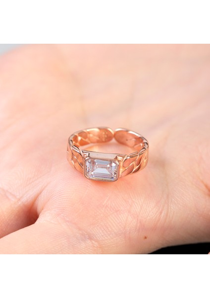 Beyaz Zirkon Taşlı Zincir Tasarım Rose Renk Free Size 925 Ayar Gümüş Kadın Tektaş Yüzük fırsatları