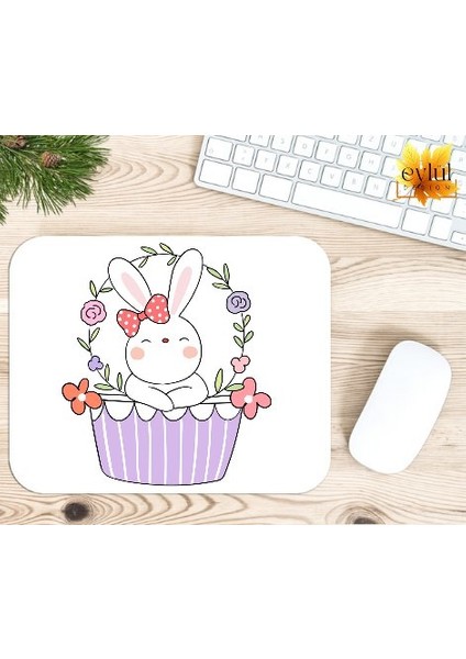 Çiçekli Tavşan Baskılı Özel Tasarım Dikdörtgen Kaydırmaz Mousepad
