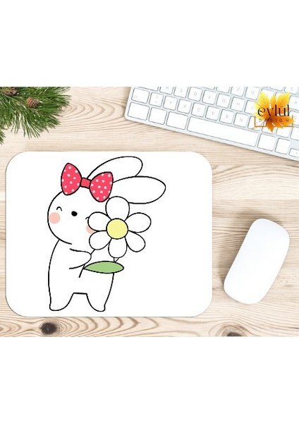 Papatya ve Tavşan Baskılı Özel Tasarım Dikdörtgen Kaydırmaz Mousepad
