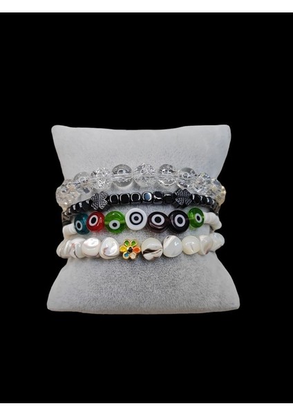Sedef-Hematit-Nazar Boncuğu-Necef4'lü Doğal Taş Bileklik Seti