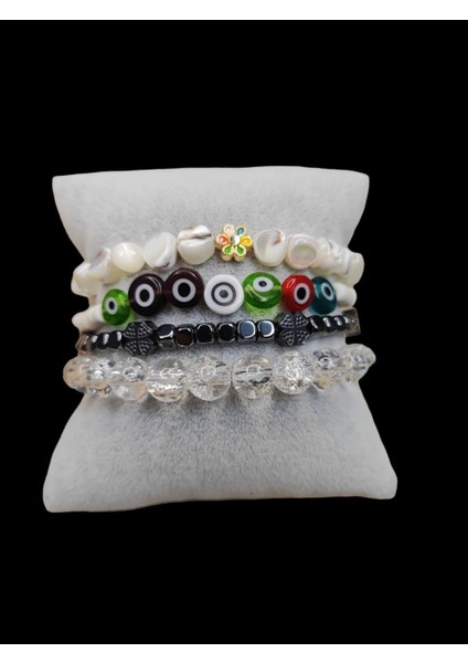 Sedef-Hematit-Nazar Boncuğu-Necef4'lü Doğal Taş Bileklik Seti modelleri