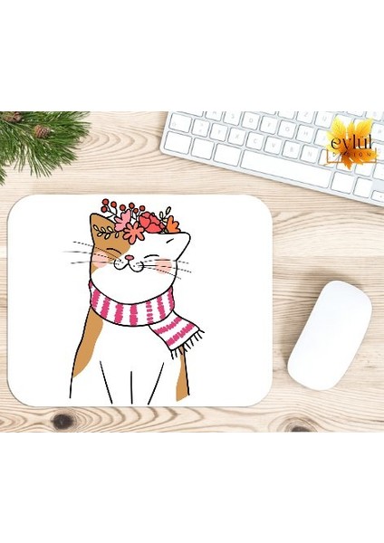 Eylül Design Çiçekli Kedi Baskılı Özel Tasarım Dikdörtgen Kaydırmaz Mousepad