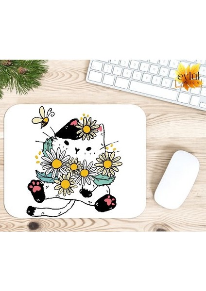 Çiçekli Kedi Baskılı Özel Tasarım Dikdörtgen Kaydırmaz Mousepad