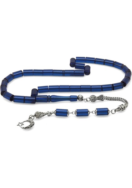 Kararmaz Metal Püsküllü Kesme Kesim Mavi Ateş Kehribar Tesbih