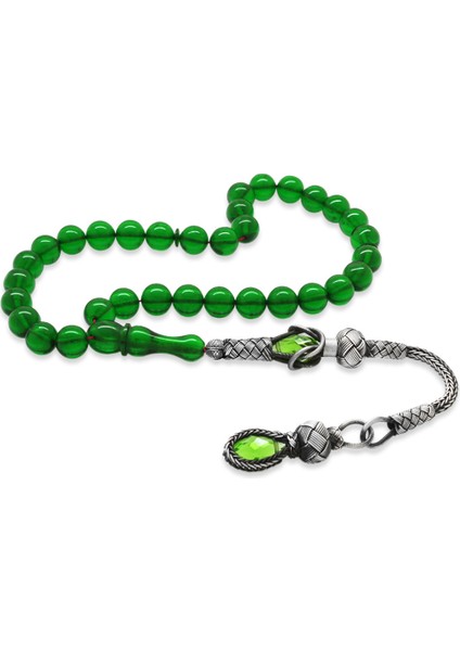 1000 Ayar Gümüş Kazaz Püsküllü Küre Kesim Yeşil Ateş Kehribar Tesbih