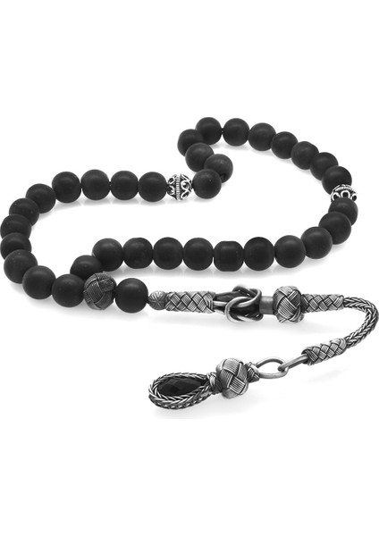 1000 Ayar Gümüş Kazaz Püsküllü Küre Kesim Mat Oniks Doğaltaş Tesbih