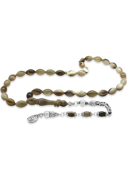 925 Ayar Gümüş Kral Zincir Püsküllü Arpa Kesim Naturel Renk Bufalo Boynuzu Tesbih