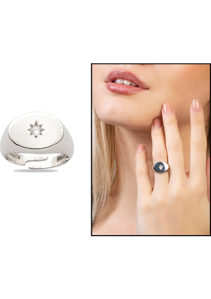 Beyaz Zirkon Taşlı Yıldız Detaylı Silver Renk Free Size 925 Ayar Gümüş Kadın Tektaş Yüzük fiyatları