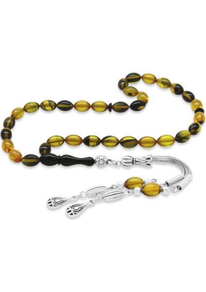 Kararmaz Metal Su Damlası Püsküllü Arpa Kesim Bilek Boy Sarı-Siyah Ateş Kehribar Tesbih