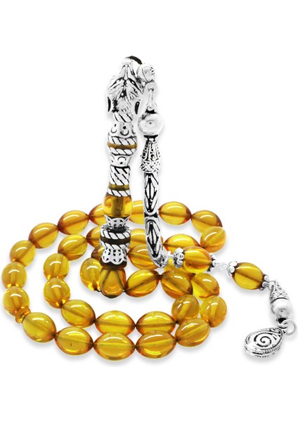 925 Ayar Gümüş Kral Püsküllü Nakkaş Imameli Kurt Başı Tasarım Sarı Ateş Kehribar Tesbih fiyatları