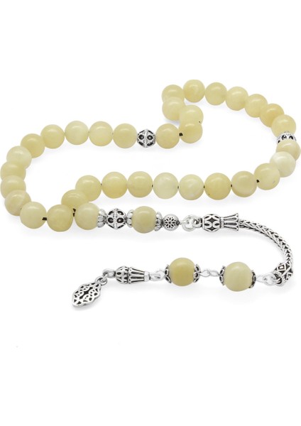 925 Ayar Gümüş Püsküllü Küre Kesim Kalsit Doğaltaş Tesbih