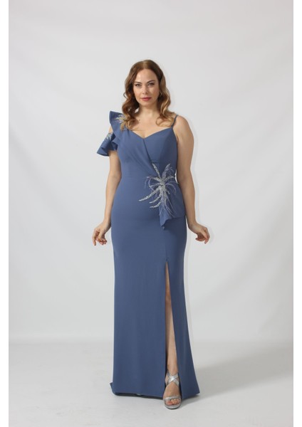 21927 Indigo Omuzu Iki Katlı Beli Taş Işlemeli Kadın Büyük Beden Abiye Elbise