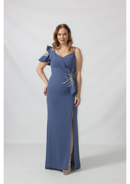 21927 Indigo Omuzu Iki Katlı Beli Taş Işlemeli Kadın Büyük Beden Abiye Elbise fiyatları