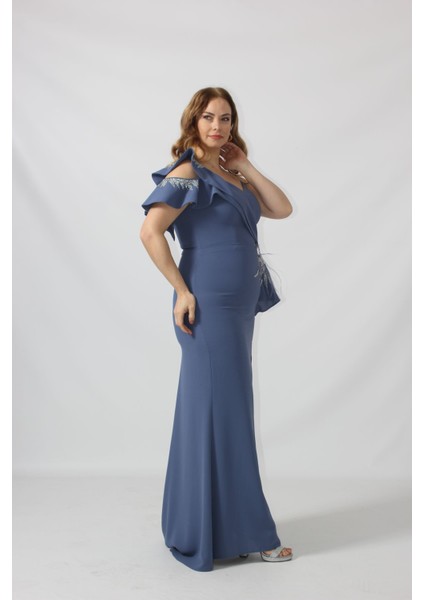 21927 Indigo Omuzu Iki Katlı Beli Taş Işlemeli Kadın Büyük Beden Abiye Elbise fırsatları