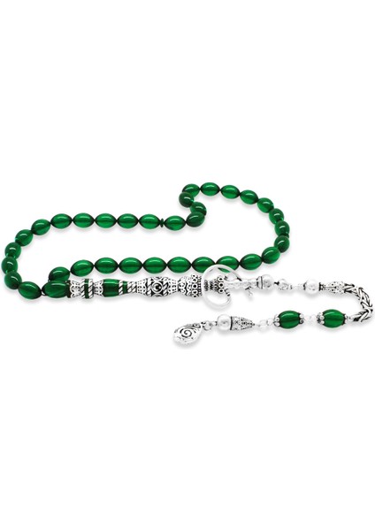 925 Ayar Gümüş Kral Püsküllü Nakkaş Imameli Nargile Tasarım Yeşil Ateş Kehribar Tesbih