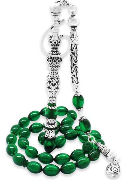 925 Ayar Gümüş Kral Püsküllü Nakkaş Imameli Nargile Tasarım Yeşil Ateş Kehribar Tesbih fiyatları