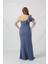 21927 Indigo Omuzu Iki Katlı Beli Taş Işlemeli Kadın Büyük Beden Abiye Elbise 5
