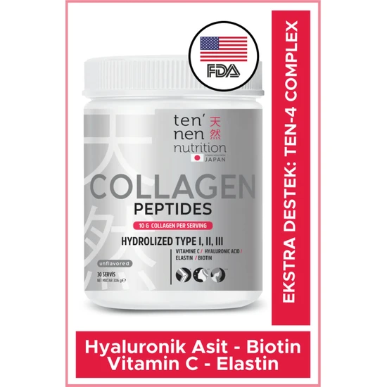 Tennen Nutrition Tip 1, Tip 2, Tip 3 Collagen, Saf ve Doğal Hidrolize Kolajen, Hyaluronik Asit, Vitamin C, Biotin, Elastin, 306 gr, 30 Servis