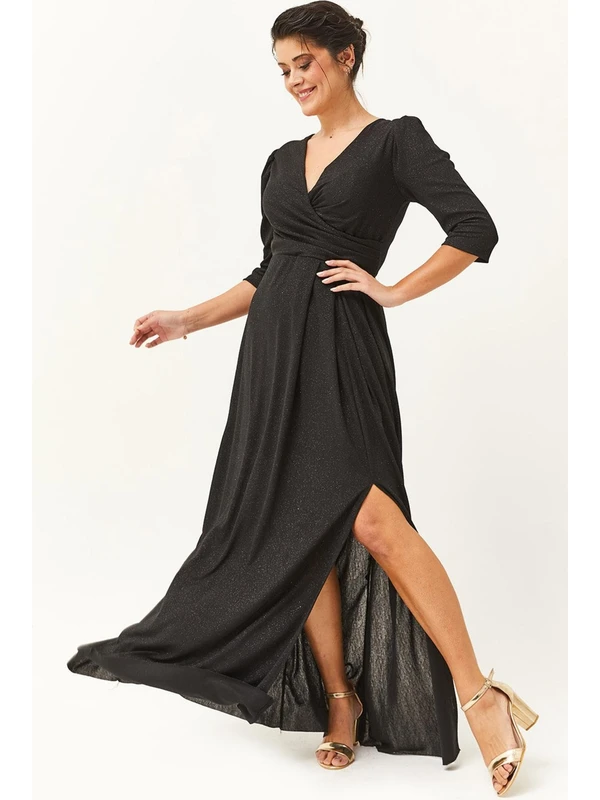 Ebsumu Kadın Büyük Beden Kruvaze Yaka Simli Uzun Siyah Abiye & Gece Elbisesi