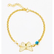 Okyanus Silver Beyaz Zirkon Taşlı Gold Renk Kelebek Tasarım Nazar Boncuğu Detaylı 925 Ayar Gümüş Kadın Bileklik