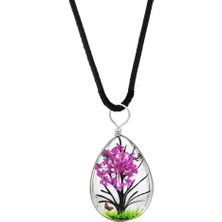 Okyanus Silver Damla Tasarım Fuşya Çiçekli Doğa Temalı El Yapımı Natural Reçine Kolye