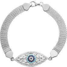 Okyanus Silver Hasır Zincirli Göz Tasarım Turkuaz-Lacivert Zirkon Taşlı 925 Ayar Gümüş Kadın Bileklik