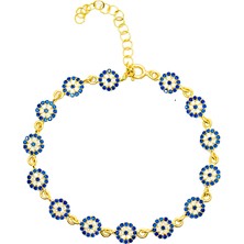 Okyanus Silver Mavi-Beyaz Zirkon Taşlı Çiçek Model Zarif Tasarım Gold Renk 925 Ayar Gümüş Kadın Bileklik