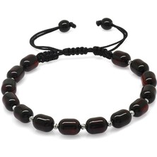 Okyanus Silver Makrome Örgülü Dorika Top Süslemeli Kapsül Kesim Koyu Kırmızı Renk Damla Kehribar Erkek Bileklik