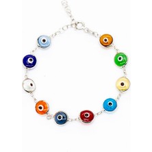 Okyanus Silver Nazar Boncuğu Detaylı Multicolor Mineli Silver Renk 925 Ayar Gümüş Kadın Bileklik