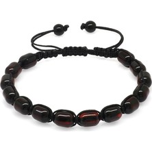 Okyanus Silver Makrome Örgülü Kapsül Kesim Koyu Kırmızı Renk Damla Kehribar Erkek Bileklik