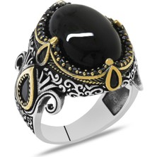 Okyanus Silver Siyah Zirkon Taş Süslemeli Etnik Tasarım Oniks Taşlı 925 Ayar Gümüş Erkek Yüzük