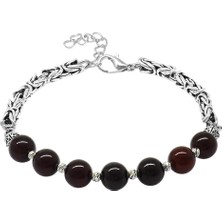 Okyanus Silver Kararmaz Metal Kral Zincirli Silver Renk Dorika Top Süslemeli Küre Kesim Kırmızı Renk Doğal Damla Kehribar Erkek Bileklik