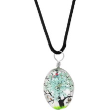 Okyanus Silver Elips Tasarım Beyaz Çiçekli Doğa Temalı El Yapımı Natural Reçine Kolye