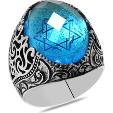 Okyanus Silver Faset Turkuaz Zirkon Taşlı Mühr-I Süleyman Işlemeli 925 Ayar Gümüş Erkek Yüzük