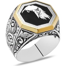 Okyanus Silver Gravür Desenli Kartal Motifli Sekizgen Tasarım 925 Ayar Gümüş Erkek Yüzük