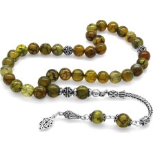 Okyanus Silver 925 Ayar Gümüş Püsküllü Küre Kesim Damarlı Yosun Yeşili Akik Doğaltaş Tesbih