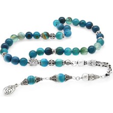Okyanus Silver Koleksiyonluk 925 Ayar Gümüş Püsküllü Küre Kesim Mavi-Turkuaz Akik Doğaltaş Tesbih