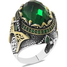 Okyanus Silver Faset Kesim Yeşil Zirkon Taşlı Oval Tasarım 925 Ayar Gümüş Erkek Yüzük