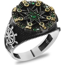 Okyanus Silver Yeşil Zirkon Taşlı Pusula Tasarım Yanları Çapa&gemi Dümeni Detaylı 925 Ayar Gümüş Erkek Yüzük