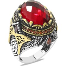 Okyanus Silver Faset Kesim Kırmızı Zirkon Taşlı Oval Tasarım 925 Ayar Gümüş Erkek Yüzük