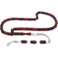 Okyanus Silver 925 Ayar Gümüş Püsküllü Kesme Kesim Kırmızı-Siyah Ateş Kehribar Tesbih