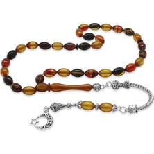 Okyanus Silver Ayyıldız Kararmaz Metal Püsküllü Arpa Kesim Bala-Siyah Ateş Kehribar Tesbih