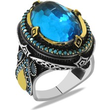 Okyanus Silver Faset Aqua Zirkon Taşlı Kral Tacı Tasarım Kişiye Özel Isim/harf Yazılı 925 Ayar Gümüş Erkek Yüzük