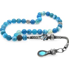 Okyanus Silver 1000 Ayar Gümüş Kazaz Püsküllü Küre Kesim Mavi-Beyaz Akik Doğaltaş Tesbih