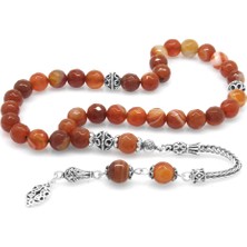 Okyanus Silver 925 Ayar Gümüş Püsküllü Fasetalı Küre Kesim Kırmızı Akik Doğaltaş Tesbih