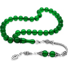 Okyanus Silver 925 Ayar Gümüş Püsküllü Küre Kesim Yeşil Ateş Kehribar Tesbih