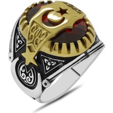 Okyanus Silver Kırmızı Faset Zirkon Taşlı Ayyıldız Kemerli 925 Ayar Gümüş Erkek Yüzük