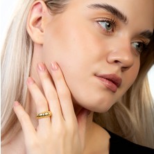 Okyanus Silver Zarif Tasarım Gold Renk Free Size 925 Ayar Gümüş Kadın Yüzük